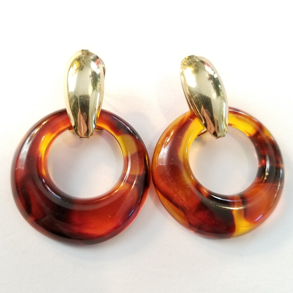 Vintage Earrings Hoop Plastic Gold Tone Root Beer